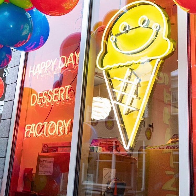 neon signs of logo and Happy Day Dessert Factory