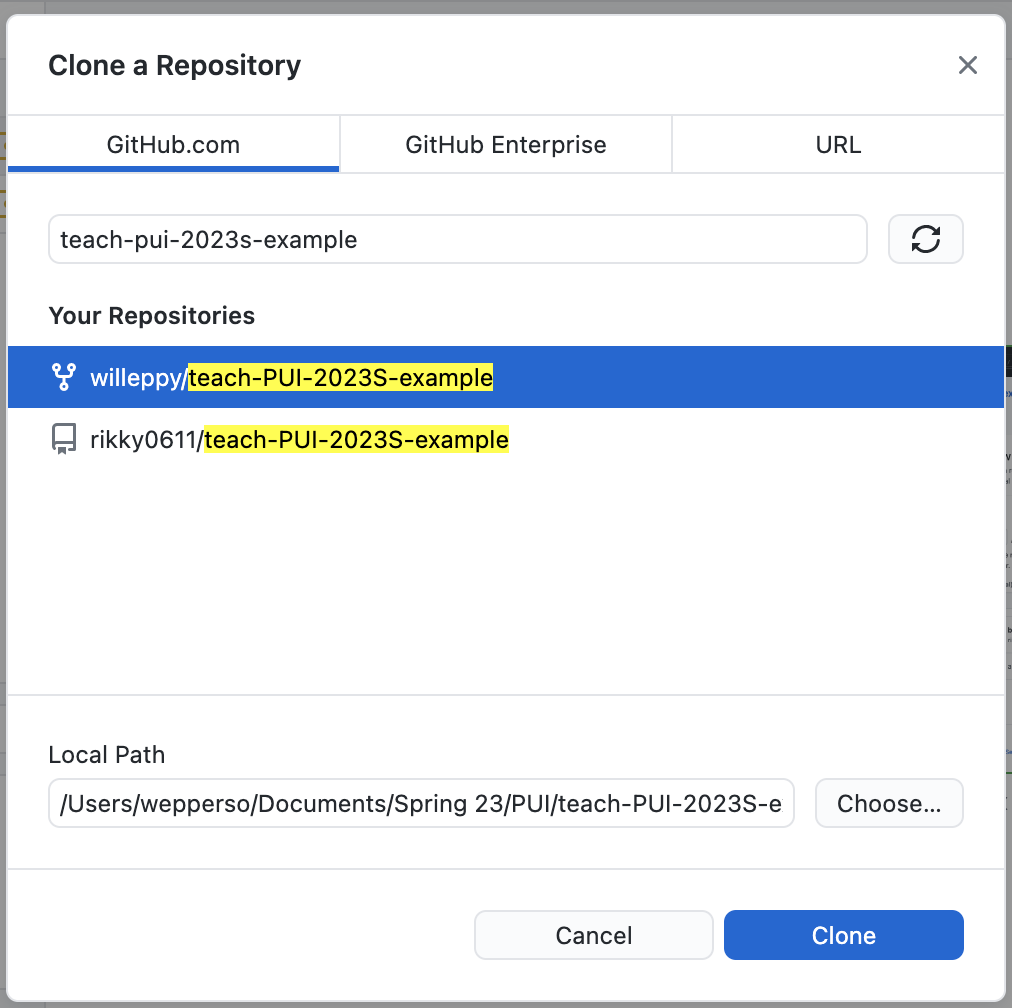 Screenshot of dialog giving options for cloning the homework example repository in GitHub Desktop.