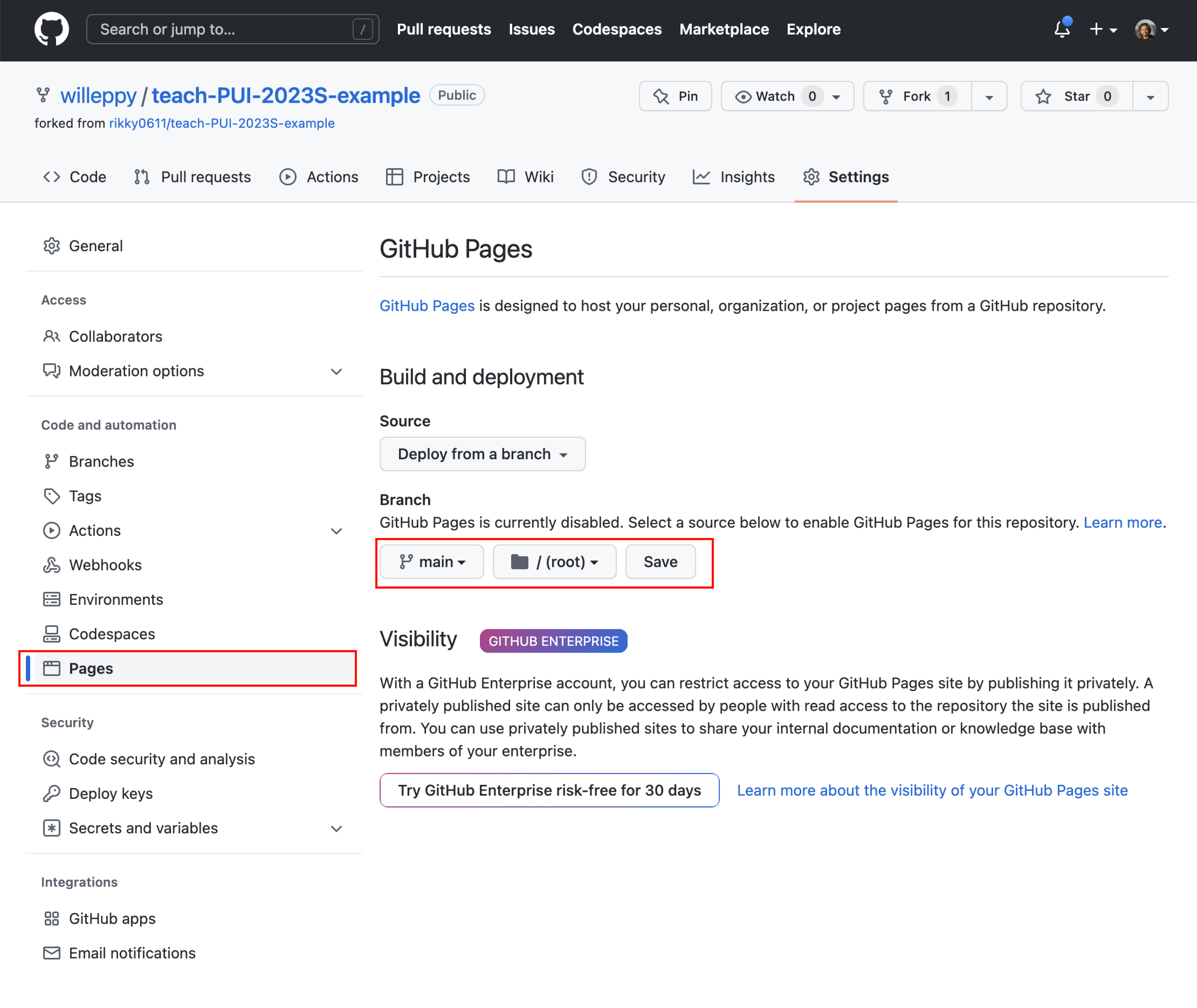 Screenshot of GitHub Pages configuration page.