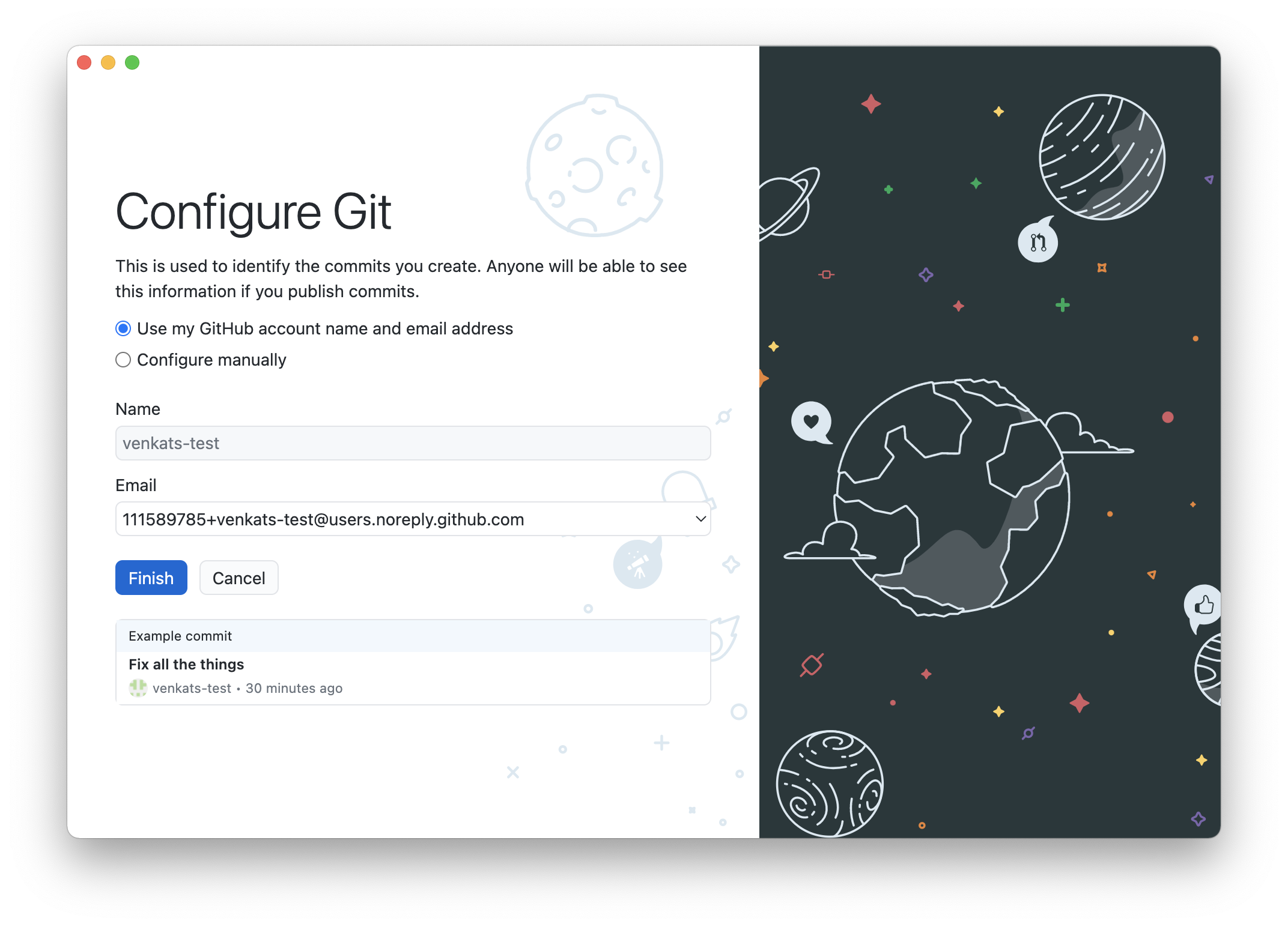 Screenshot of GitHub Desktop git configuration page.