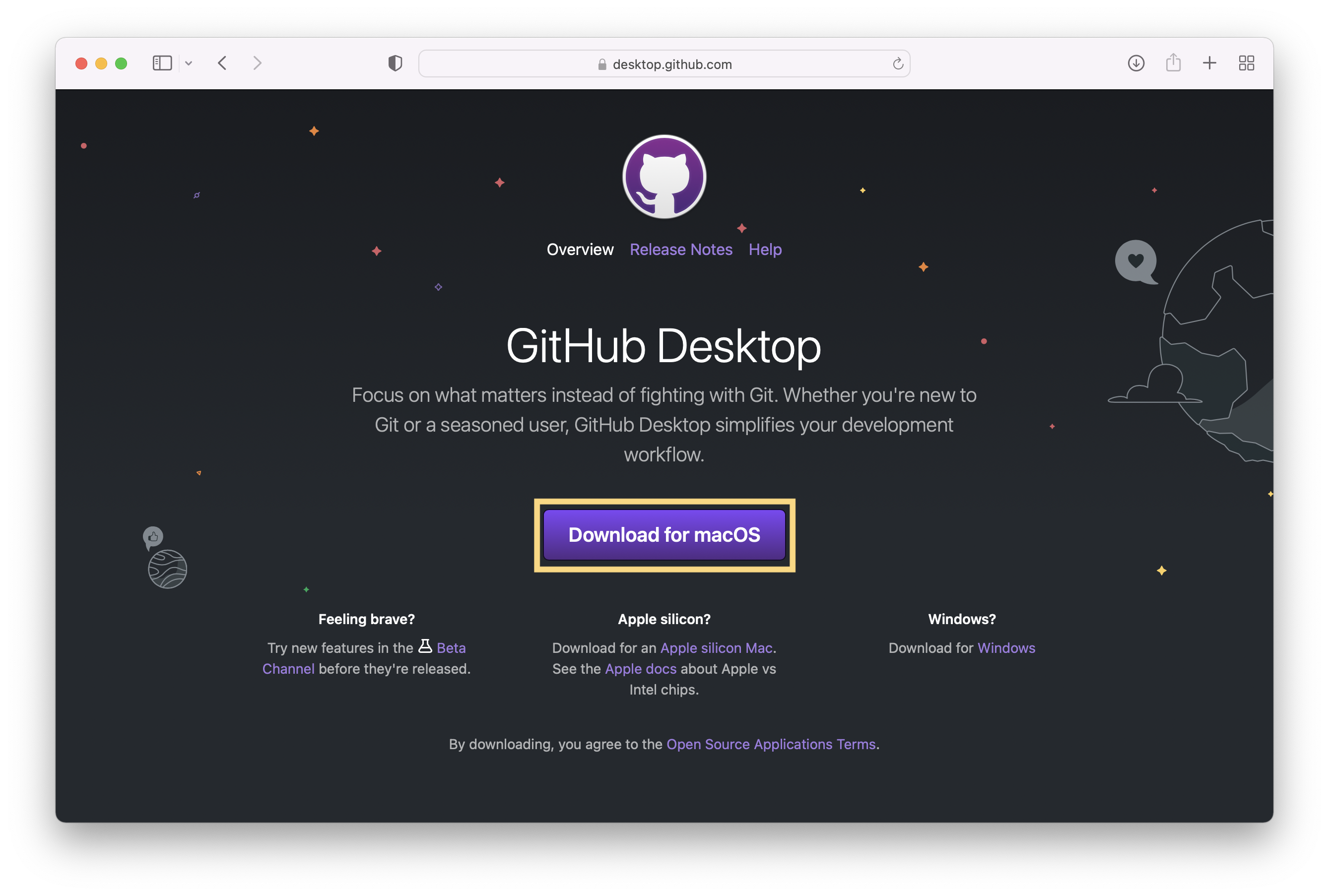 Screenshot of GitHub Desktop homepage.
