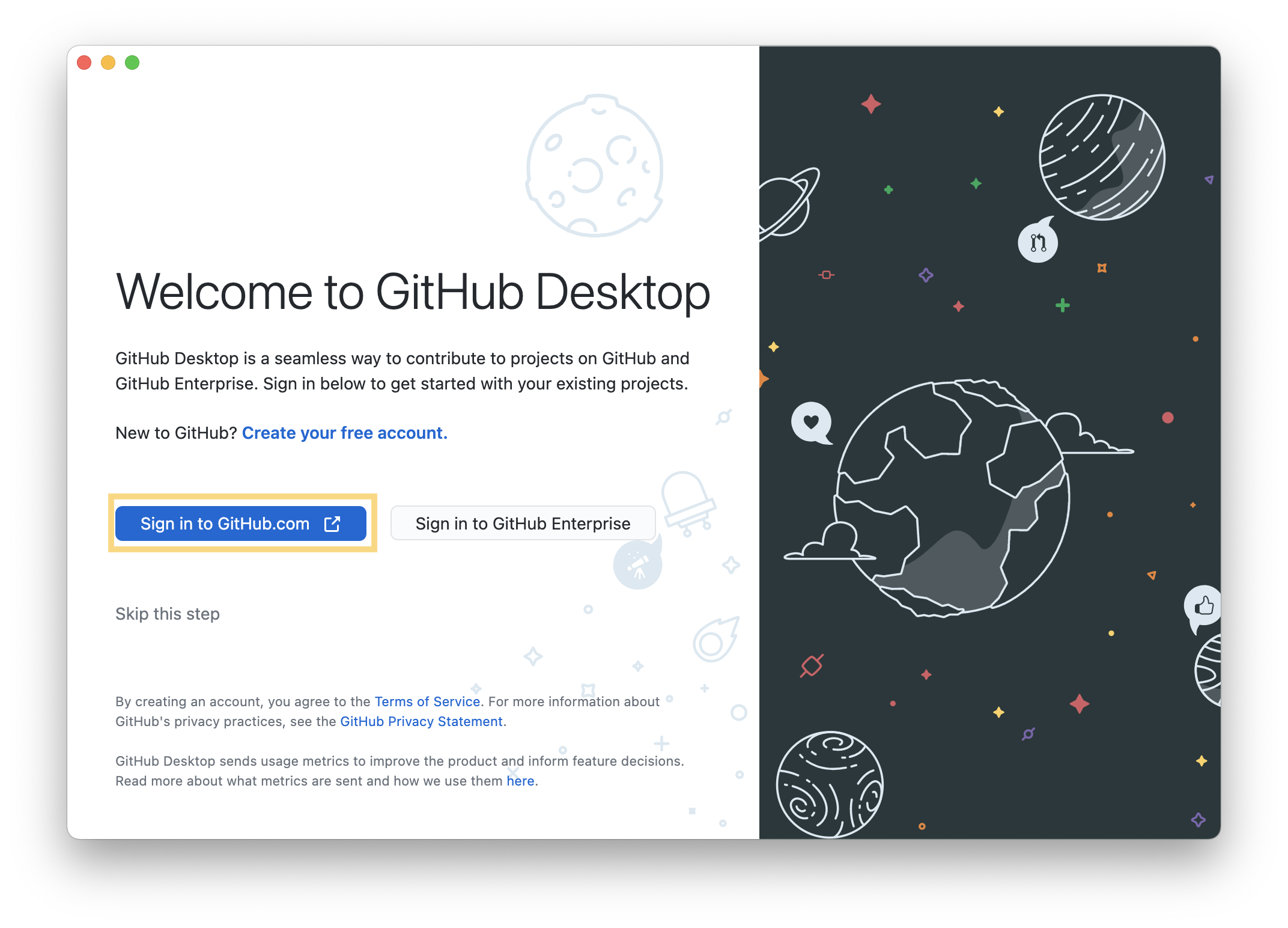 Screenshot of GitHub Desktop welcome page.