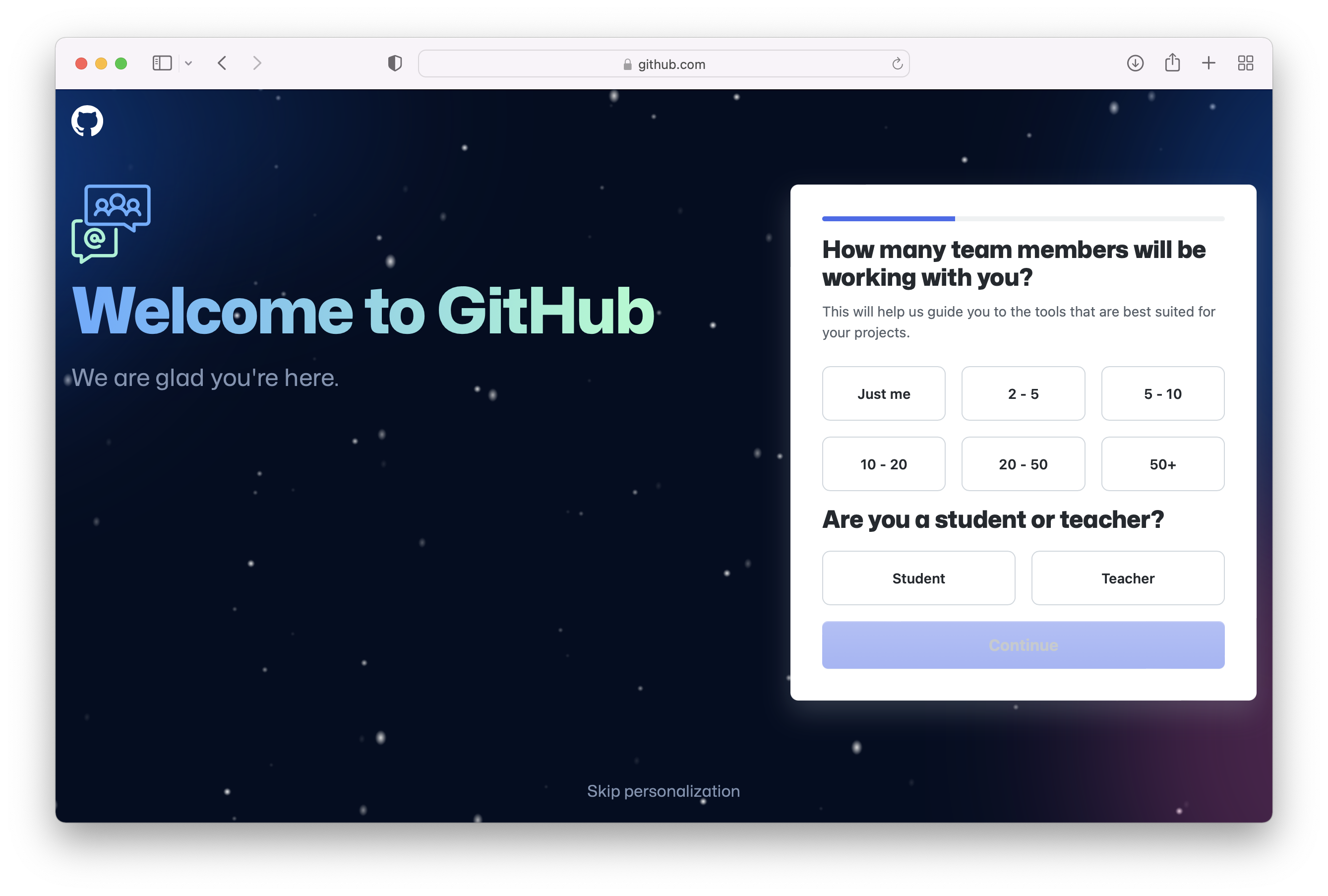 Screenshot of GitHub personalization page.