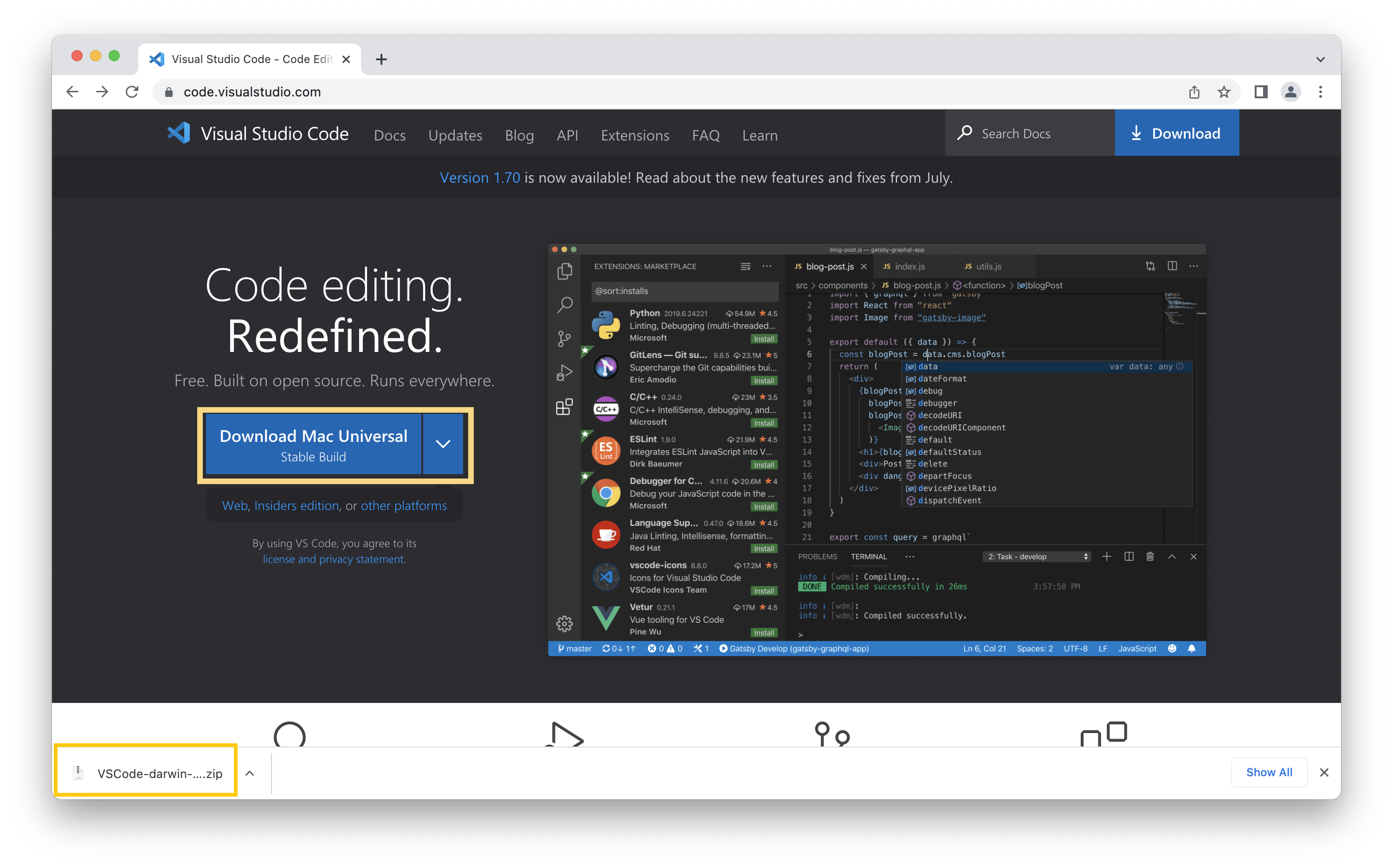 Screenshot of the VS Code landing page.