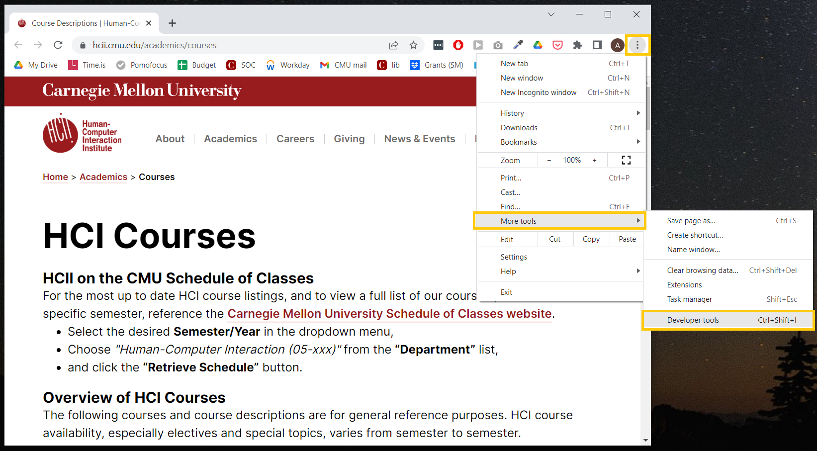 Screenshot of the Chrome developer tools on the right of the HCII course page.